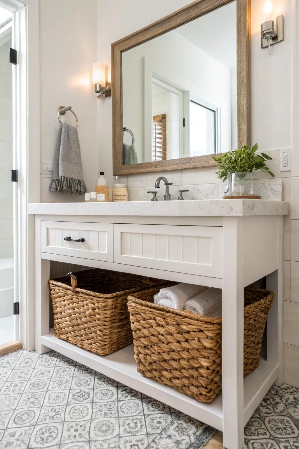 Weaved basket storage finds its place beneath a vanity in a powder room.