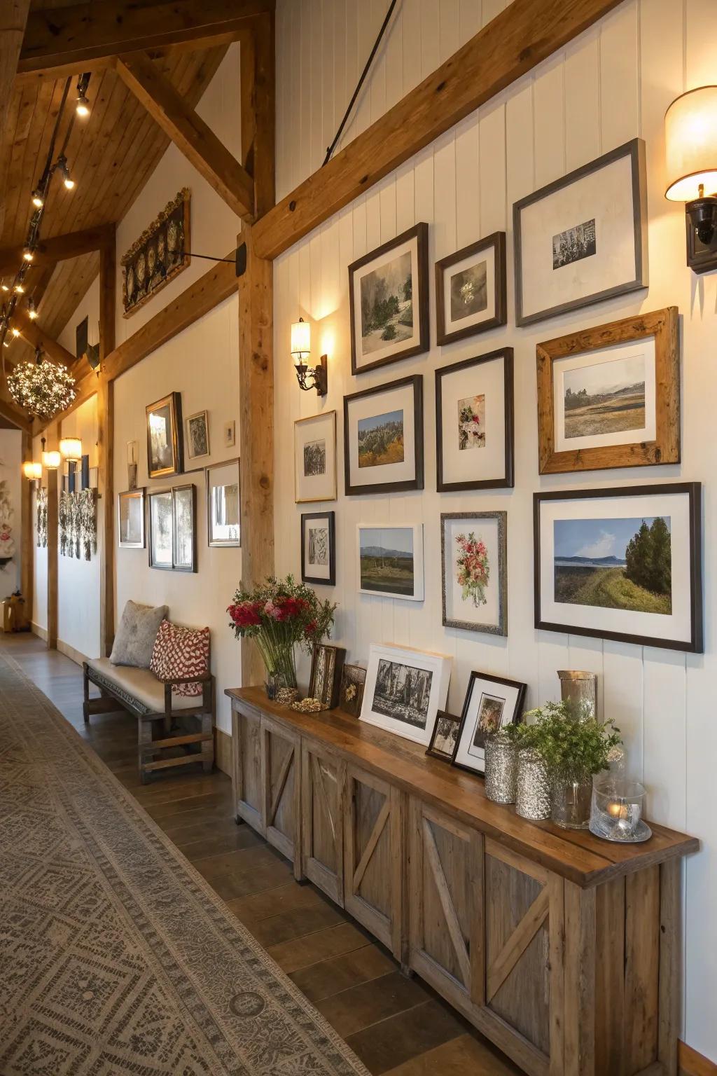Diverse collection wall in a modern farmhouse residence.