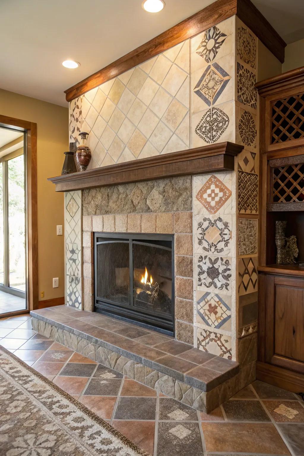 Fireplace featuring blended feel stones for added depth.