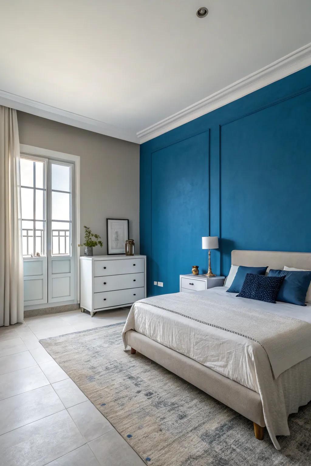 A striking deep azure feature wall in a bedroom generates a captivating focal point.