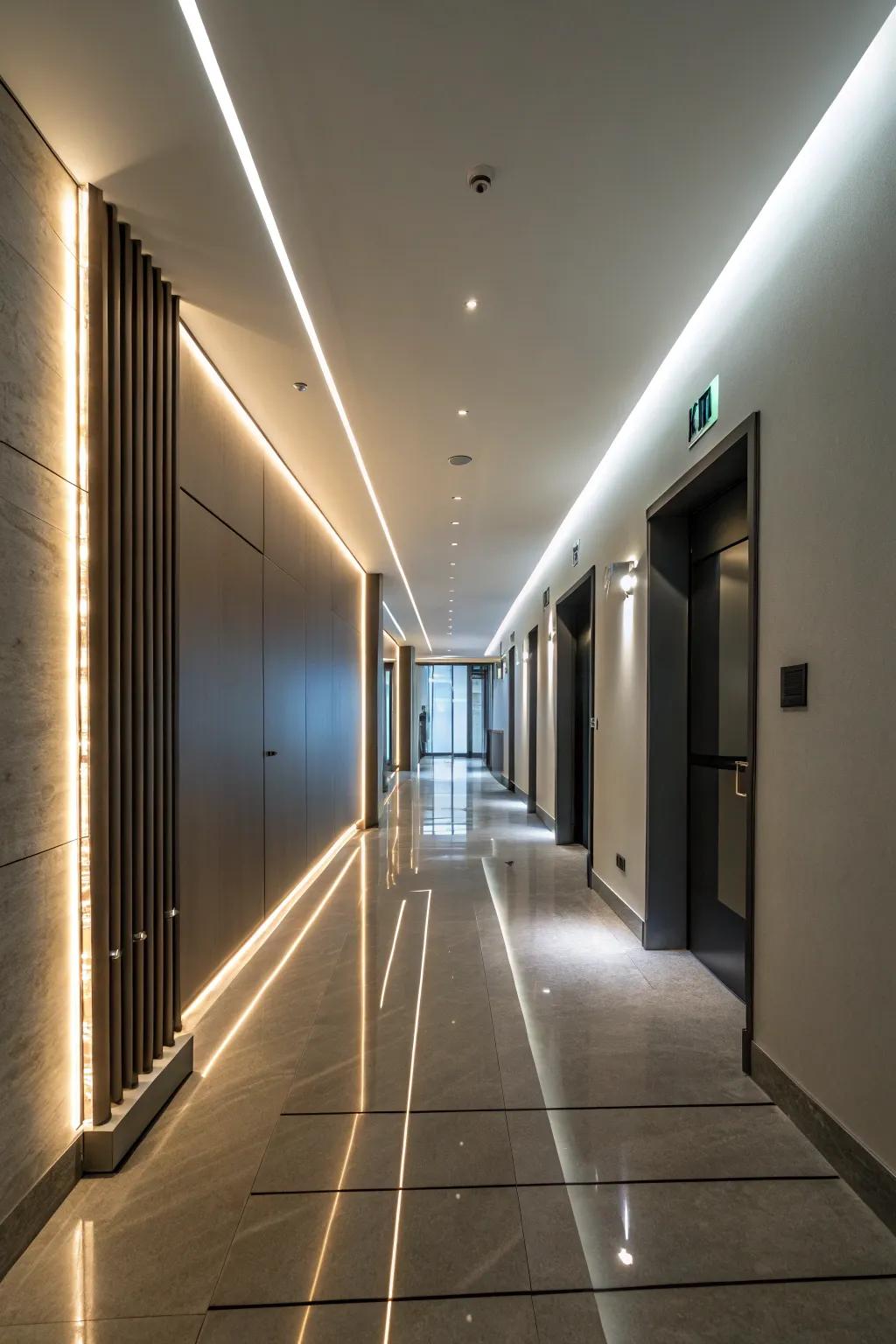 LED band lighting delivers a modern and atmospheric hallway experience.