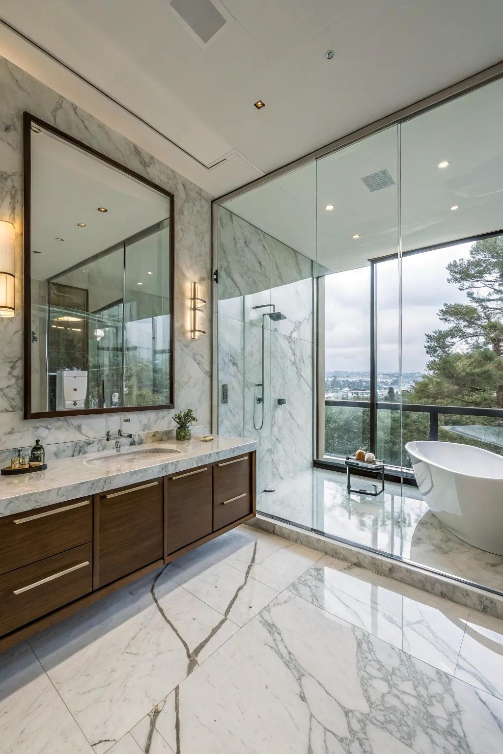Sumptuous elements elevate the design of this bathroom.