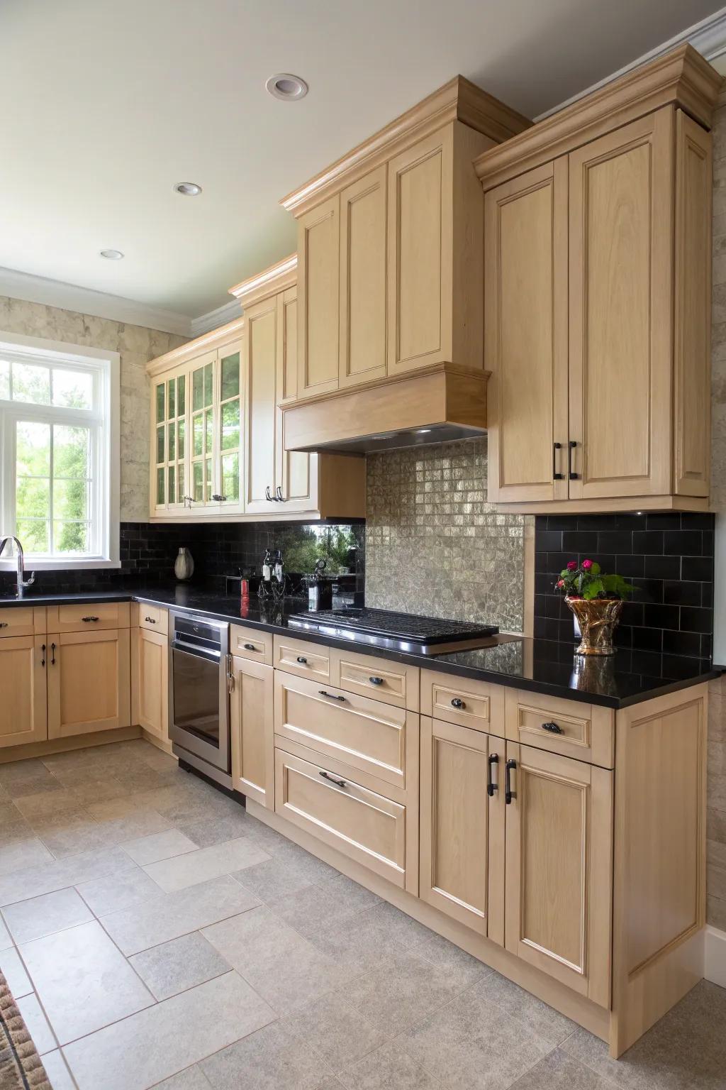 A two-tone scheme with pale maple cabinets contributes depth and fashion.