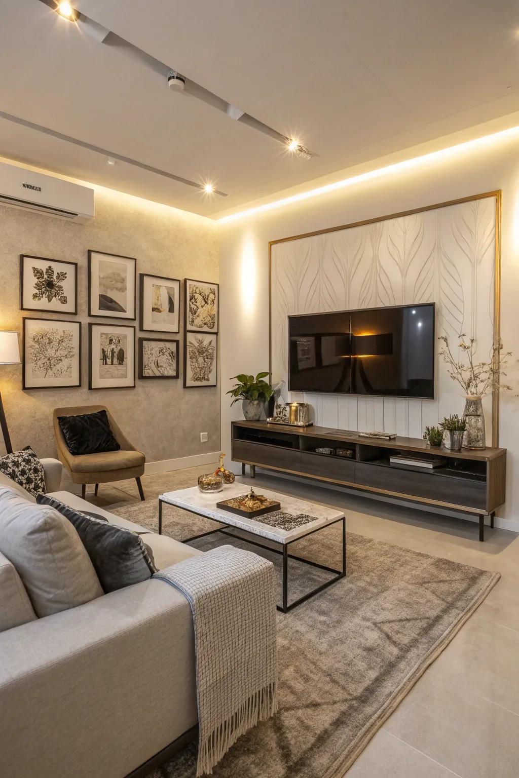 Distinctive design elements contribute personality to a modern lounge.