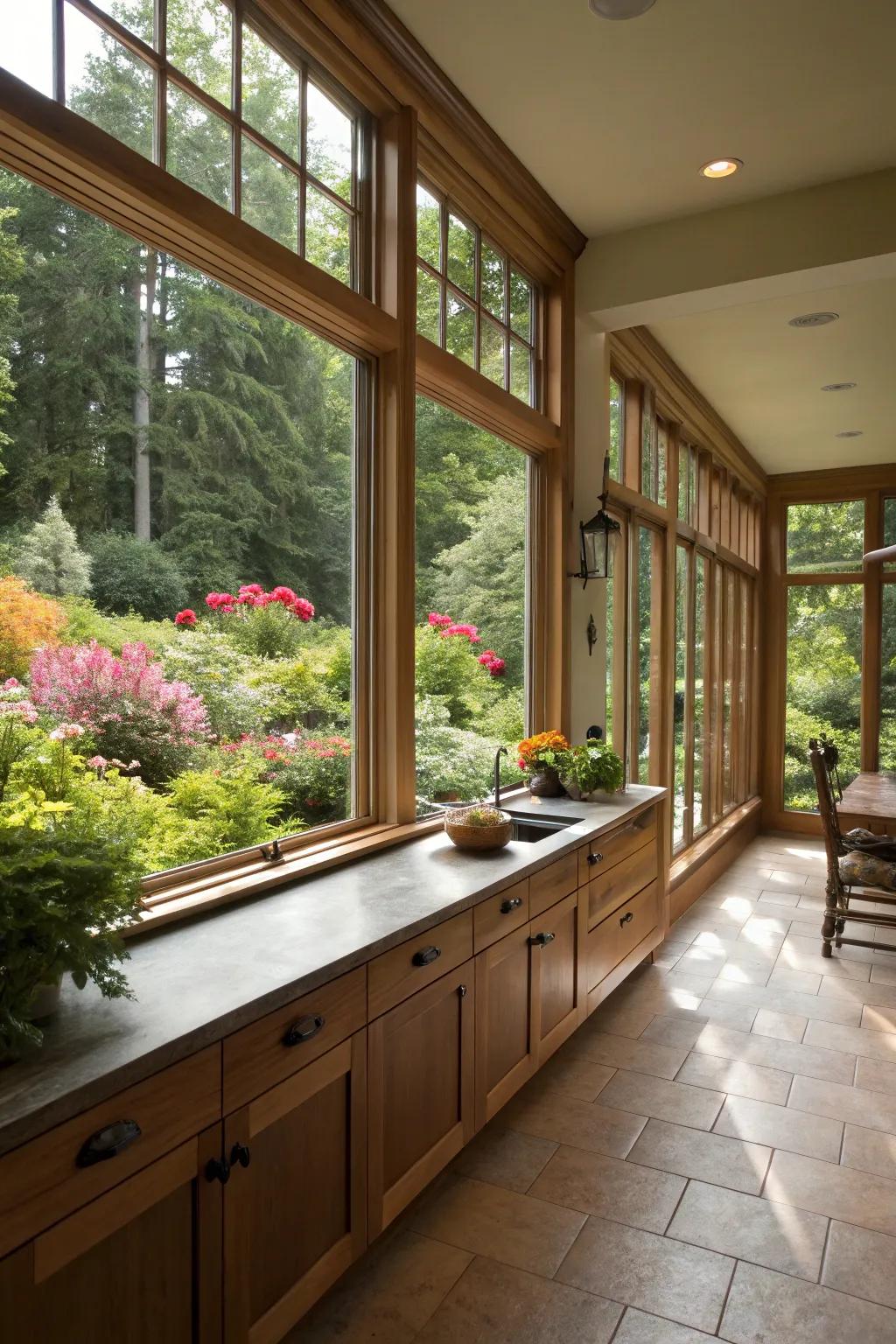 Nature-themed decoration flawlessly combines indoor and outdoor spaces.