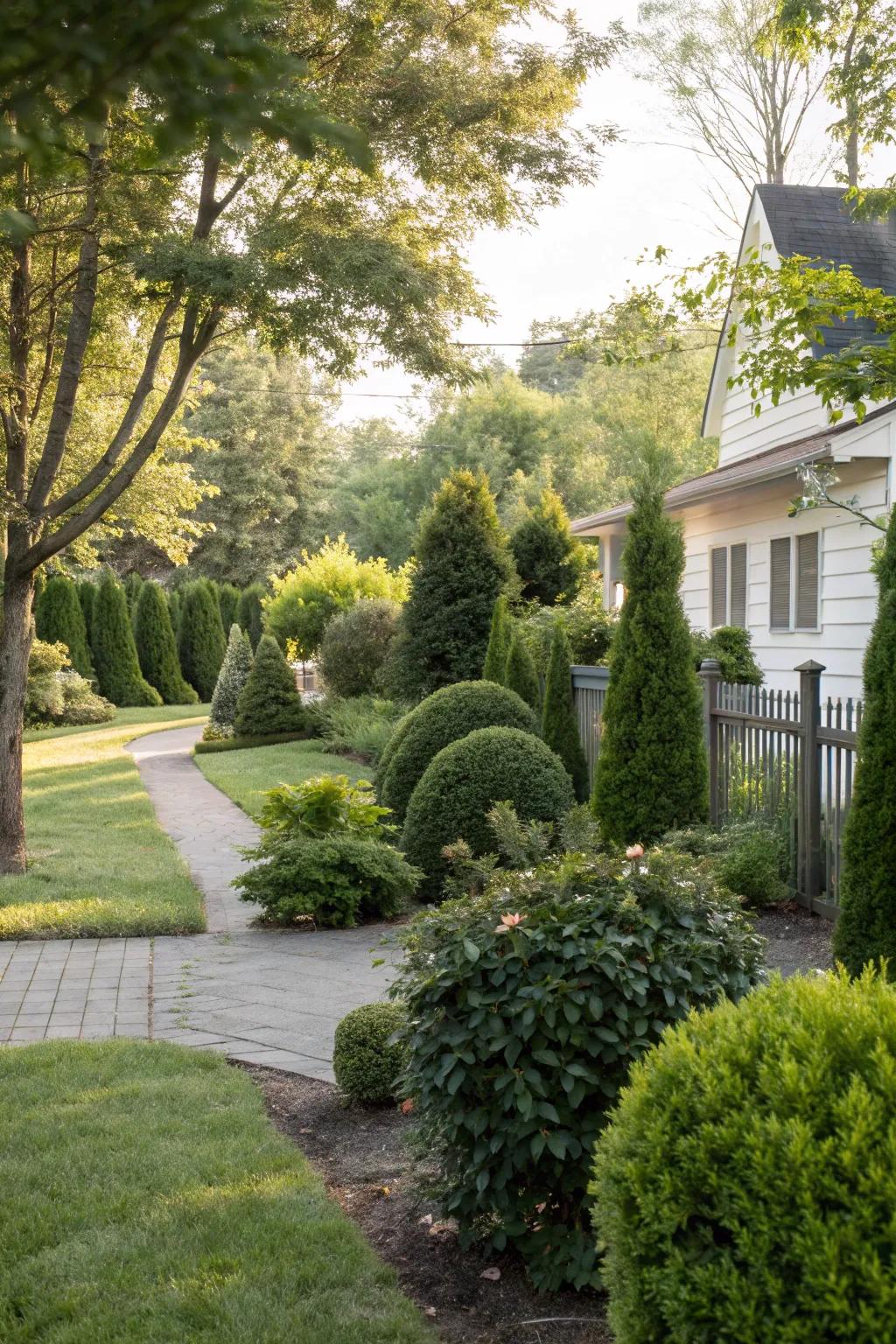 Everlasting plants in a front yard for continuous verdancy and minimal maintenance.