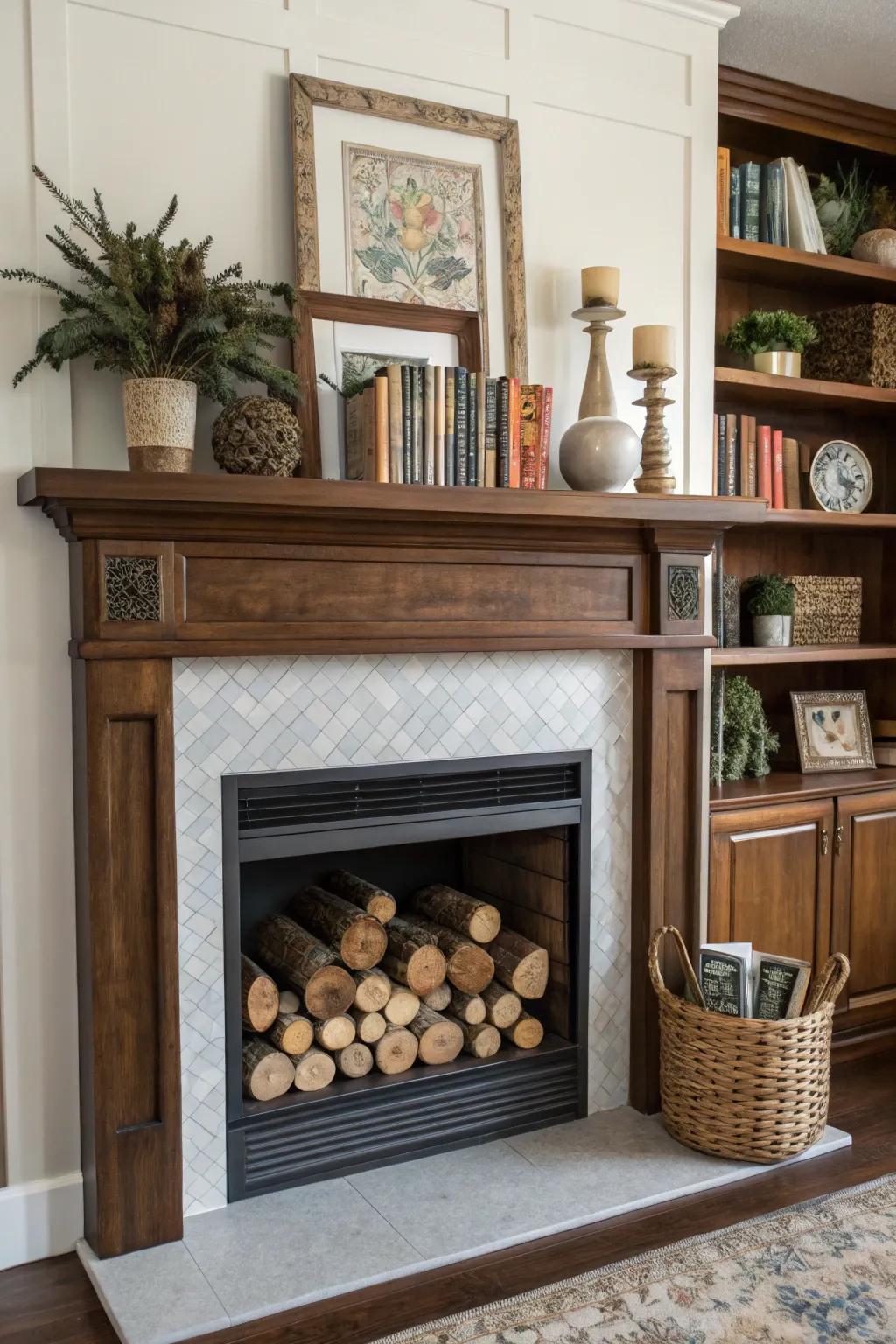 Practical embellishments on a mantel can be both functional and aesthetically pleasing.