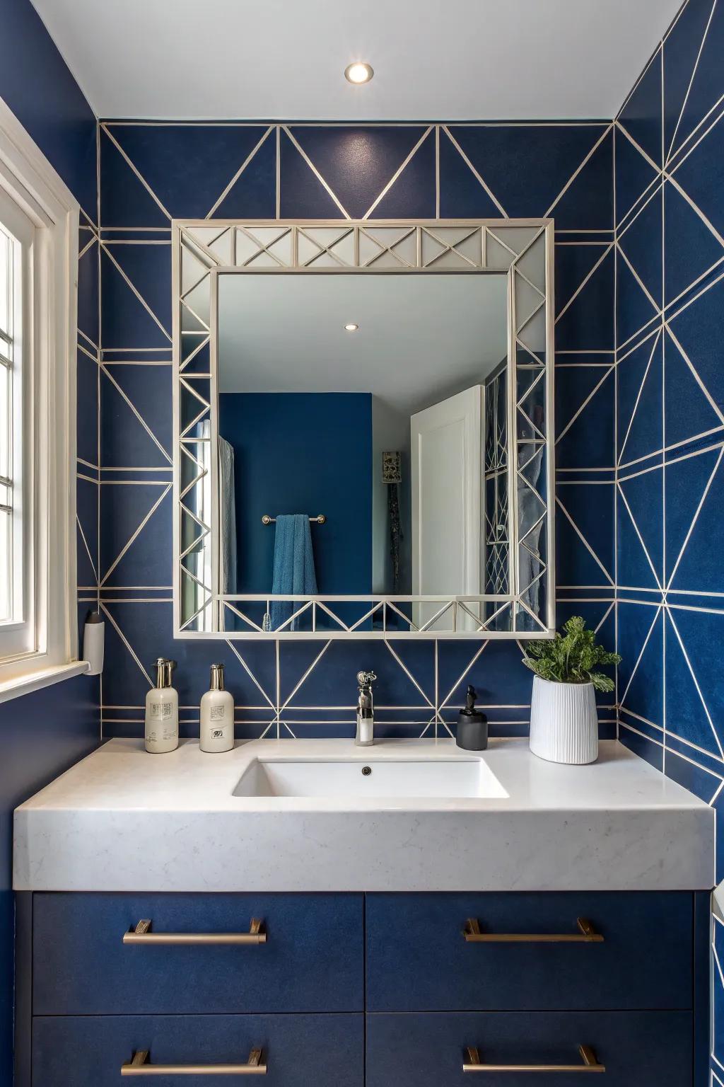 Geometric looking glasses amplify space and panache in midnight blue restrooms.