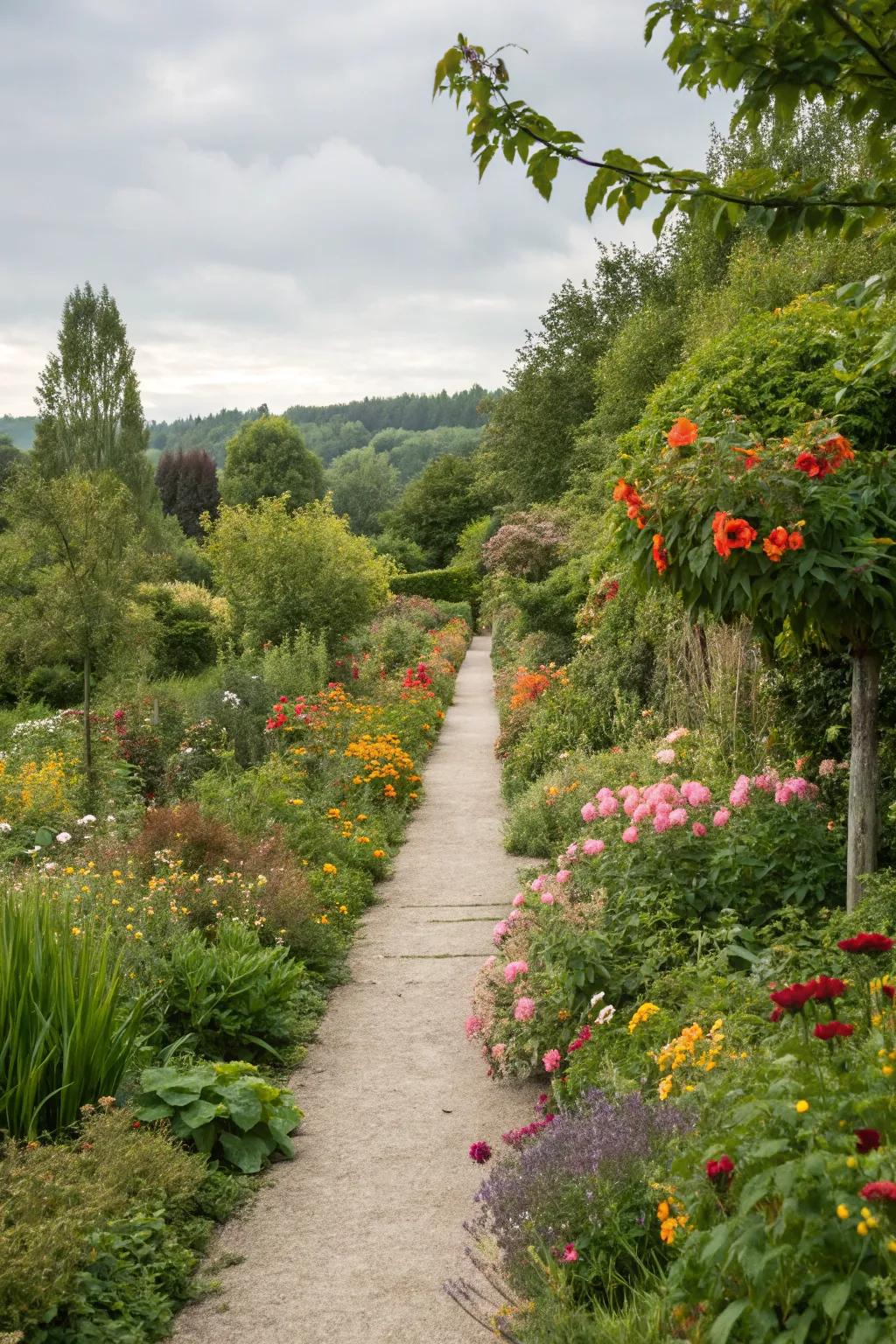 A garden walkway bordered by vibrant planting edges for a natural integration.