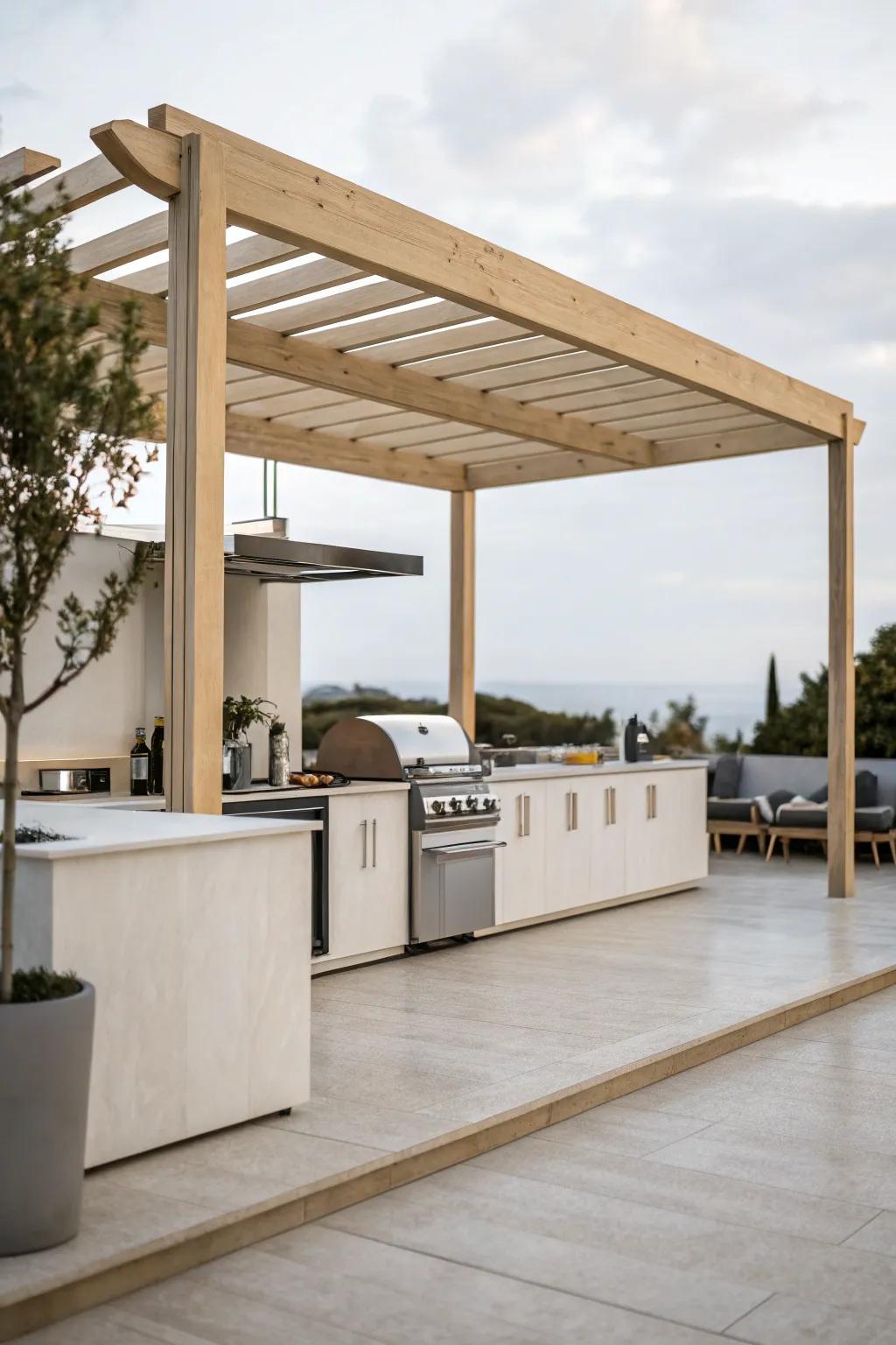 Minimalist pergola enhancing an uncluttered outdoor kitchen.