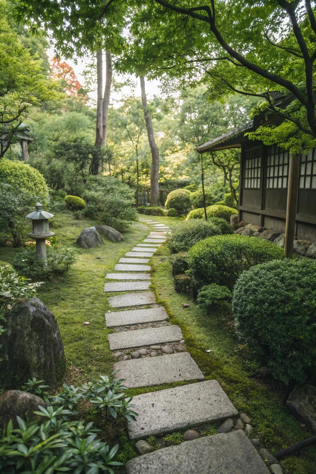 Stone paving elegantly defining walkways in a small garden.