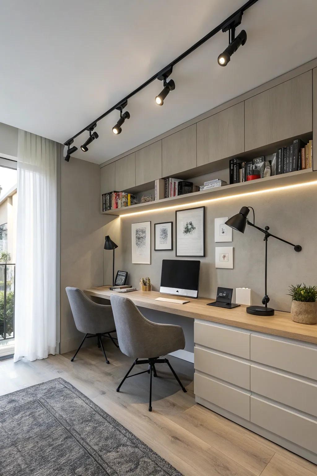 Chic domestic office featuring contrasting ebony rail illumination.