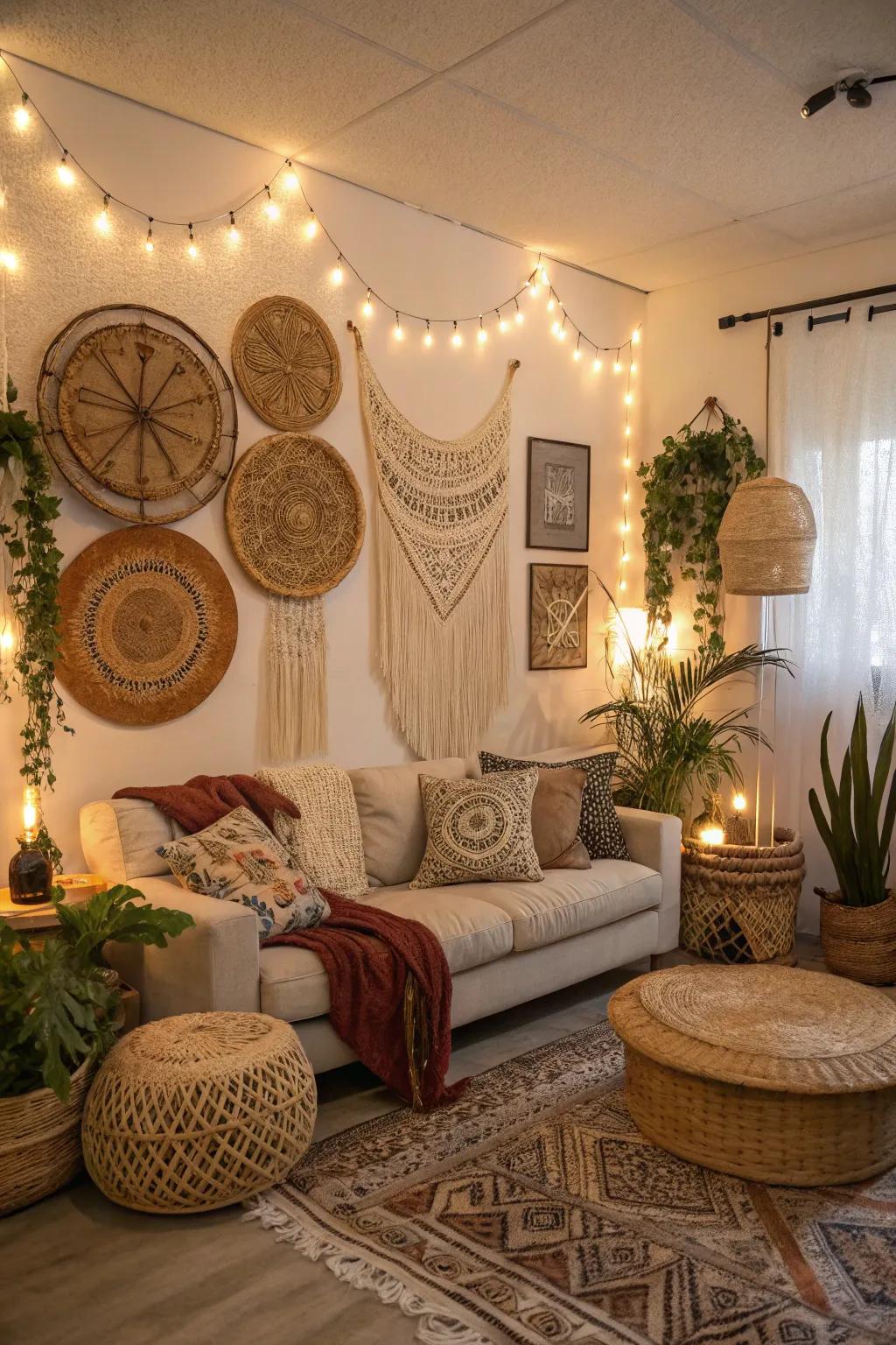 Rattan wall adornments imparting warmth within a bohemian-themed lounge.