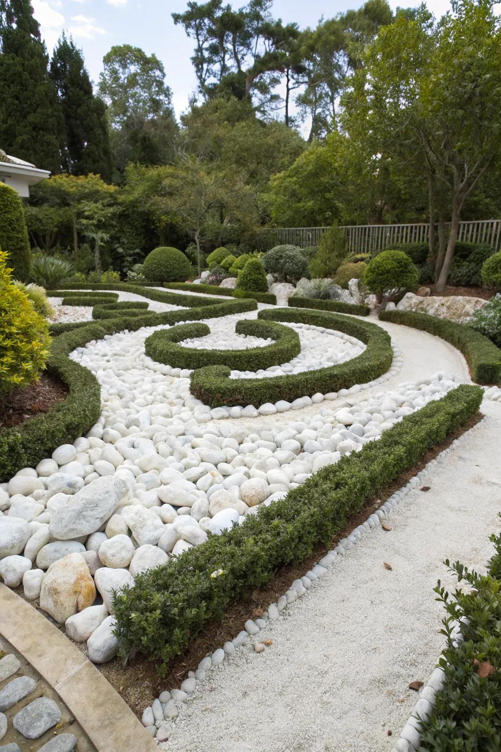 An orderly garden featuring pale stones, demarcated by streamlined metal or timber borders.