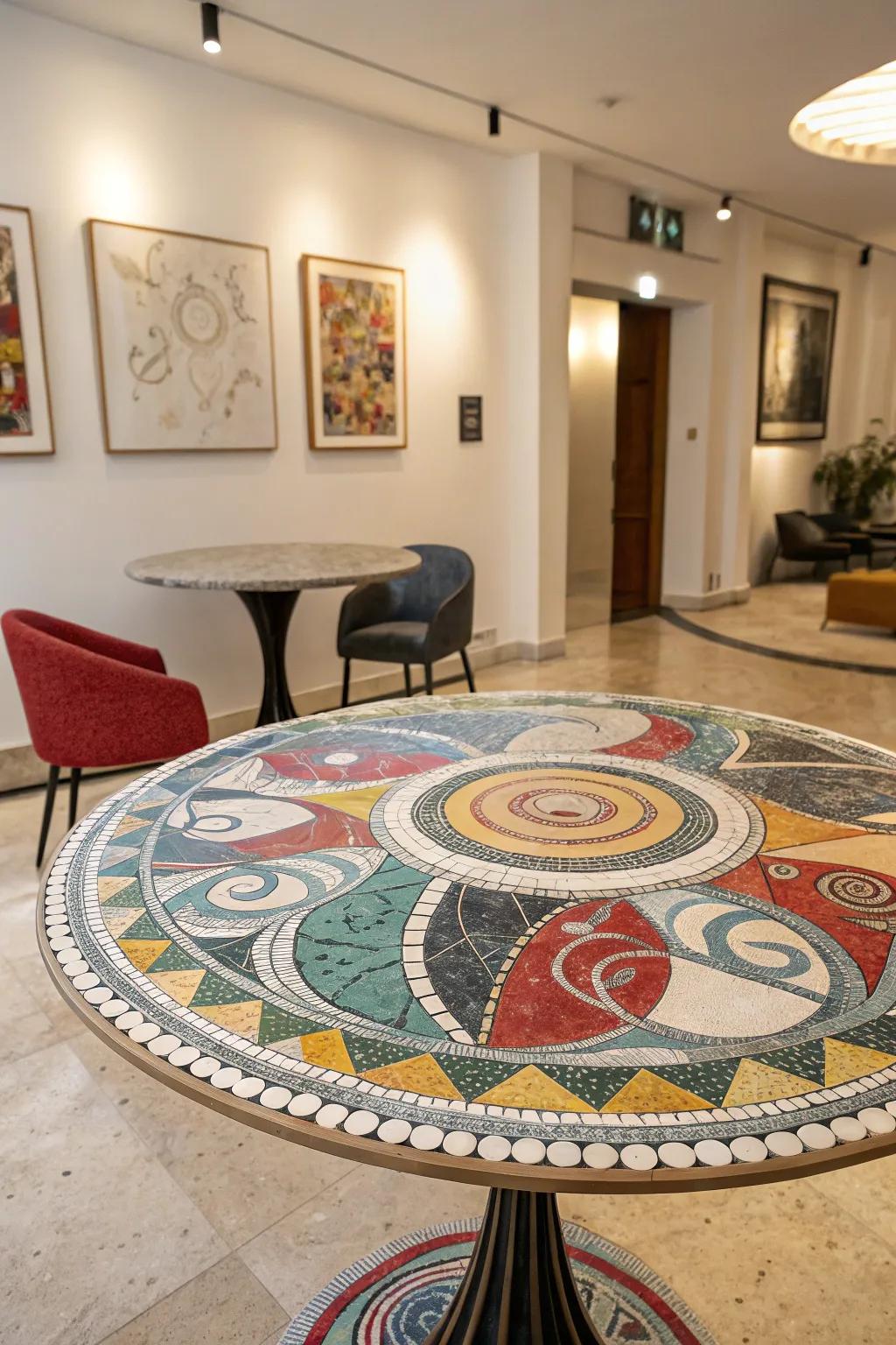 Abstract mosaic designs convert tables into enthralling works of art.