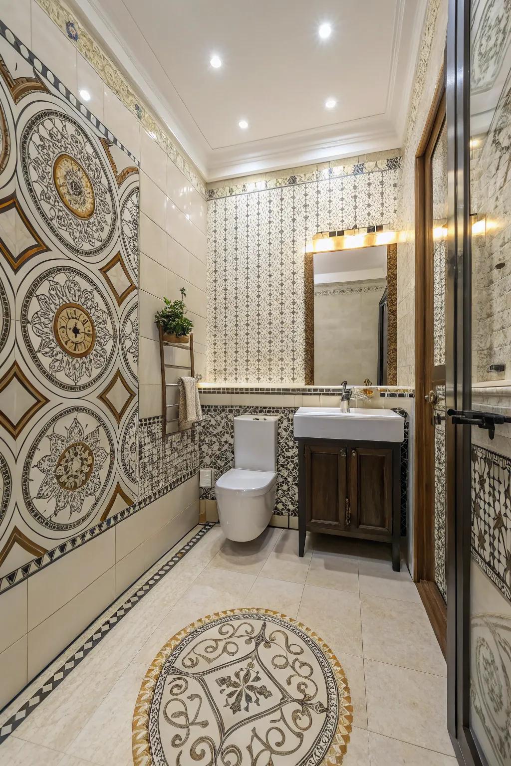 A harmonious combination of traditional and modern mosaic designs inside the bathroom.