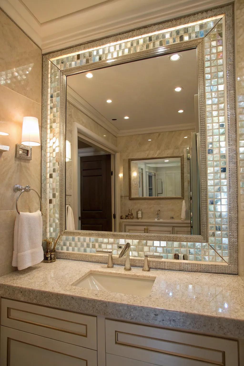 A mother of pearl mirror frame introduces a touch of elegance and refinement.