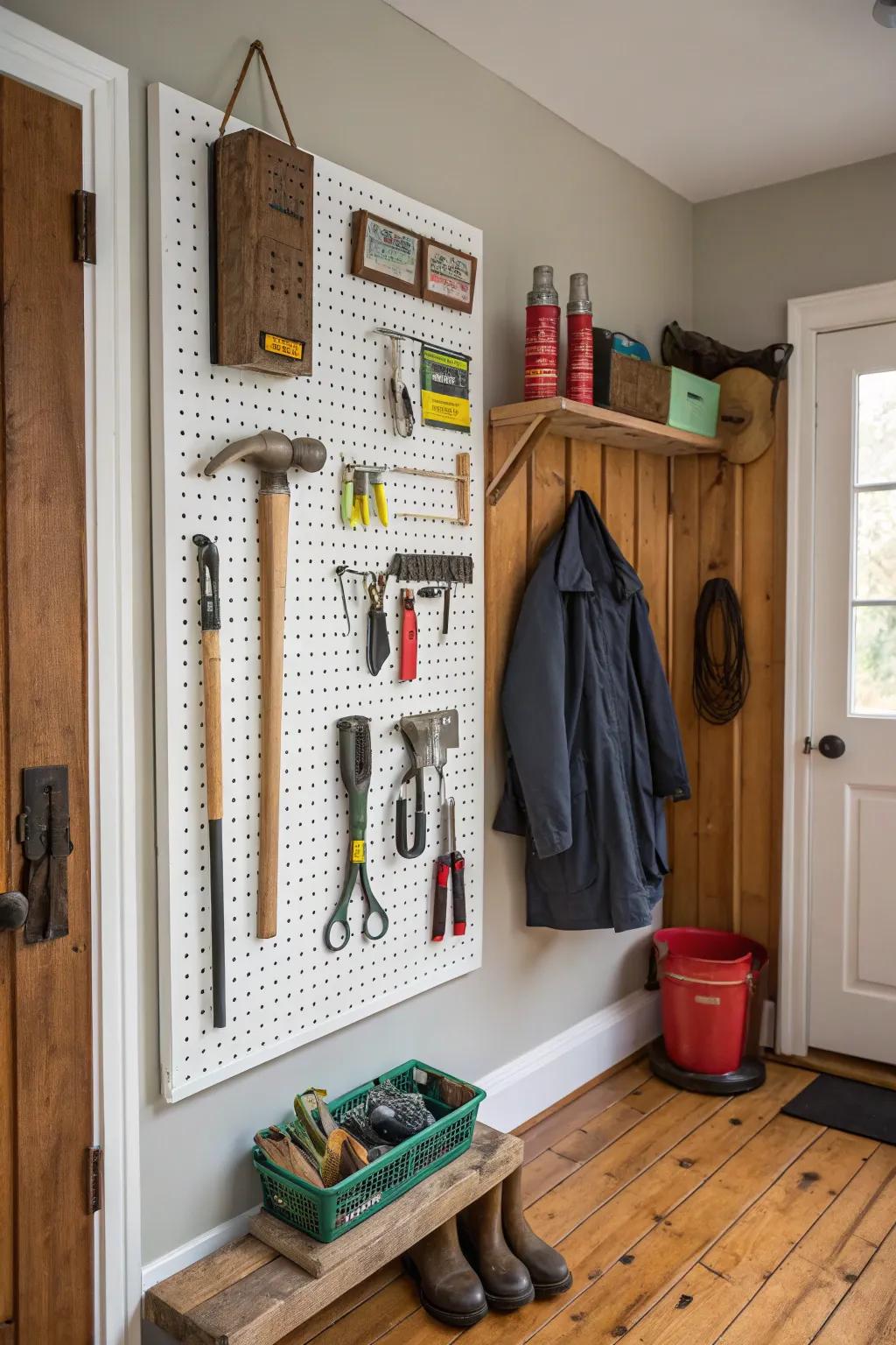 A pegboard offers flexible storage ideas for a number of items.