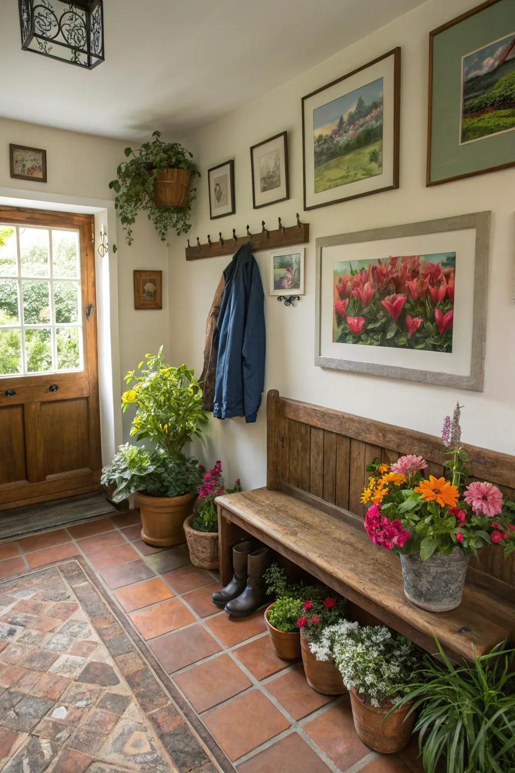 Mudroom adorned with flora and artistry.