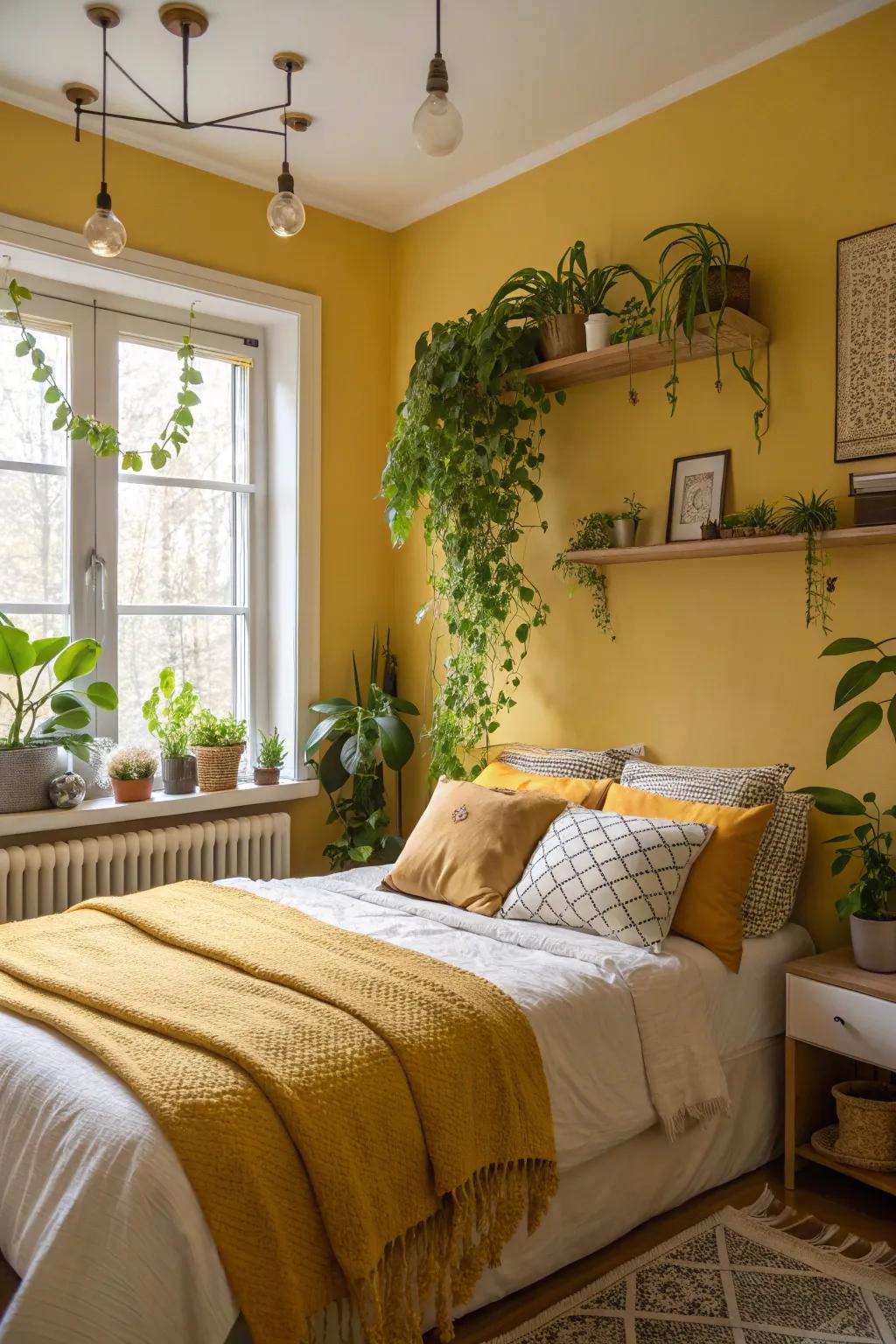 A sleeping chamber featuring amber ornamental highlights and flourishing verdant vegetation.
