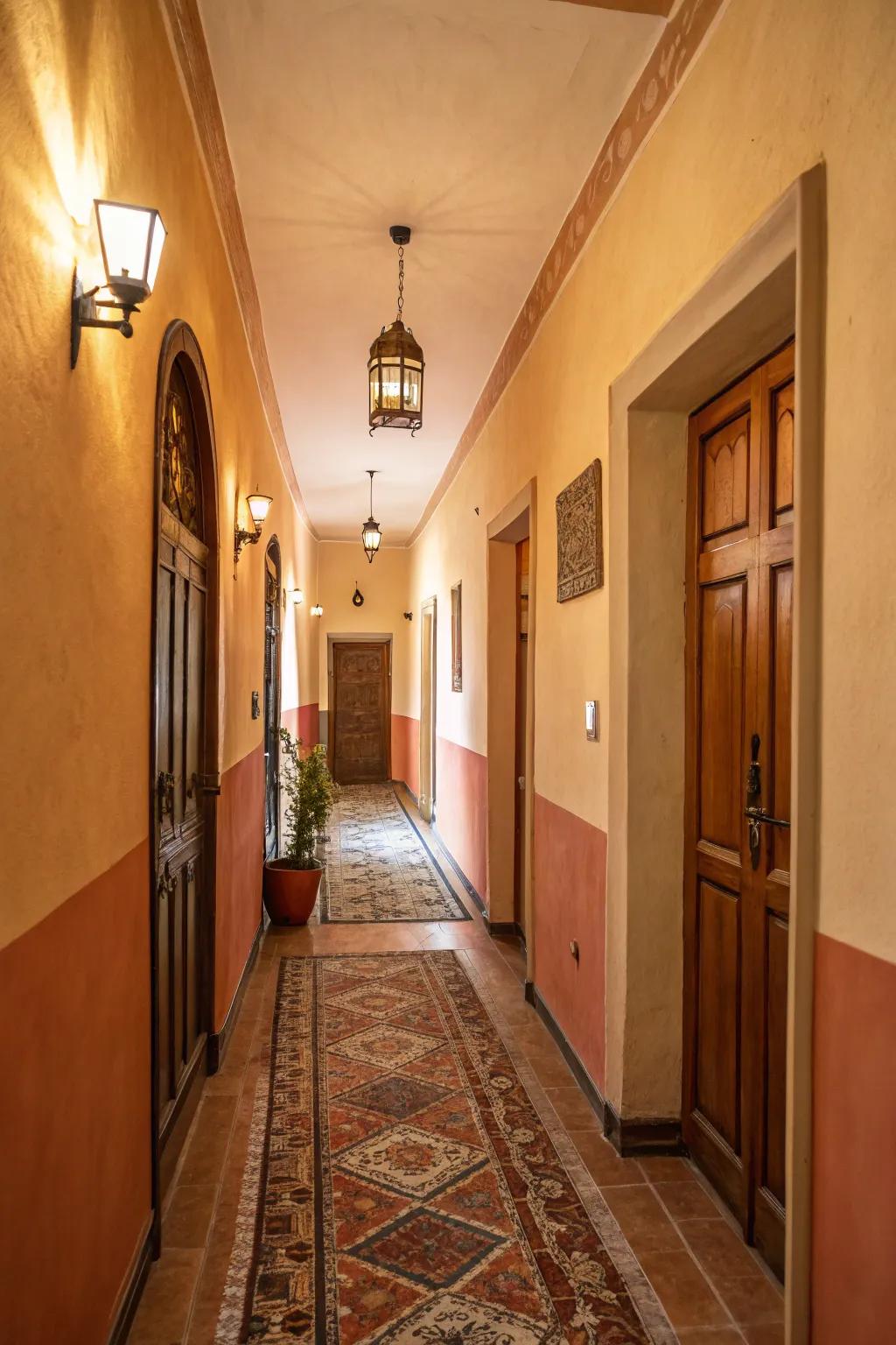 Ambient underlying tones inject comfort and continuity into a slender entryway.