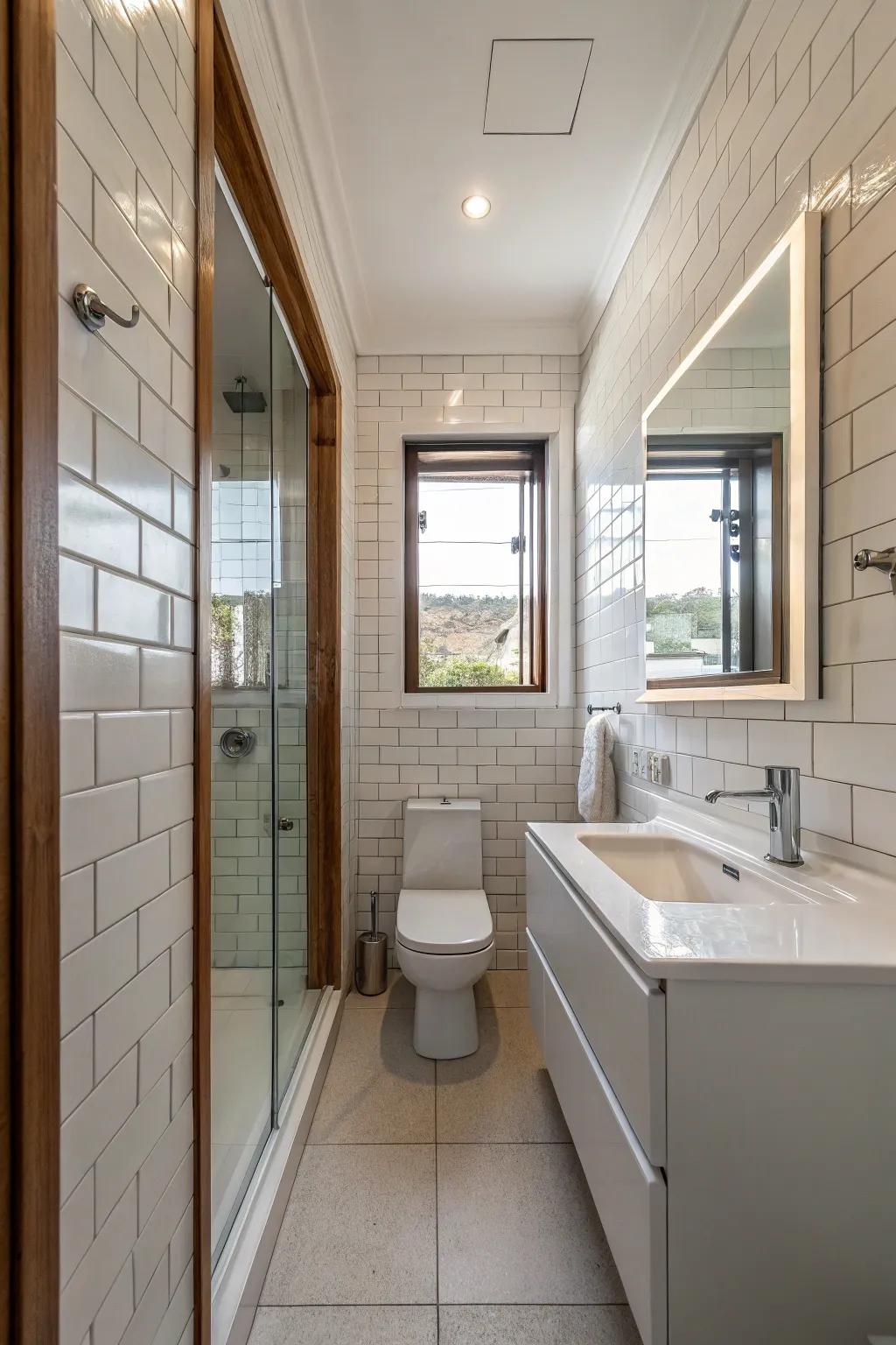 Floor-to-ceiling mirrors maximize the apparent size of compact bathrooms.