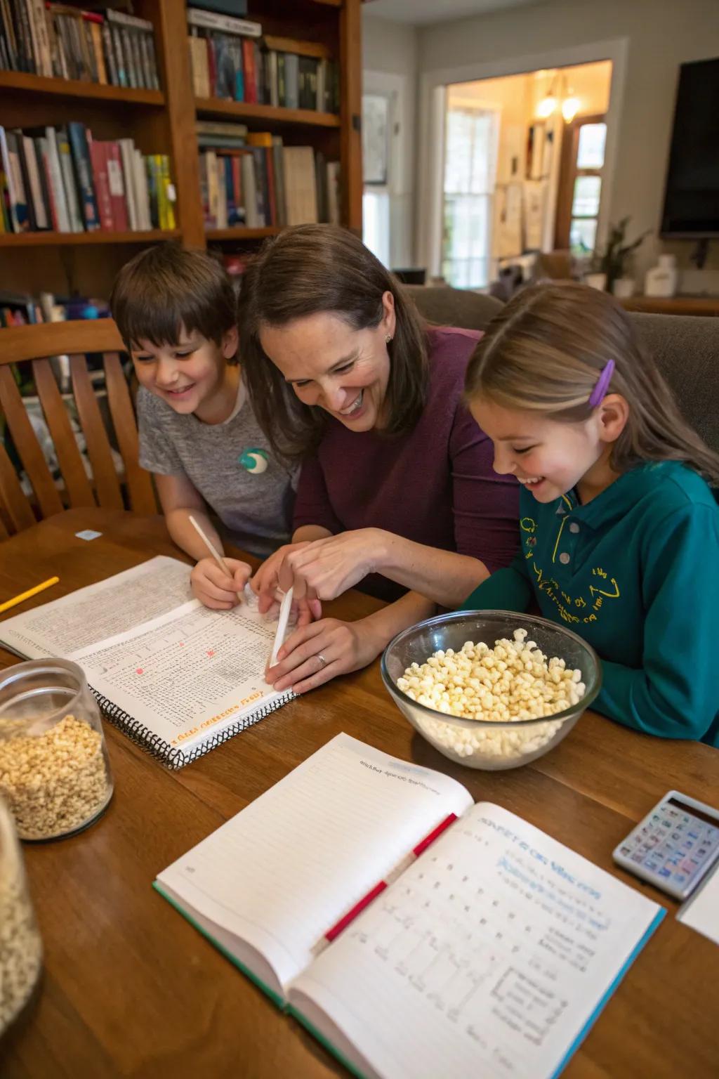 A family exploring instructional engagements with popcorn.