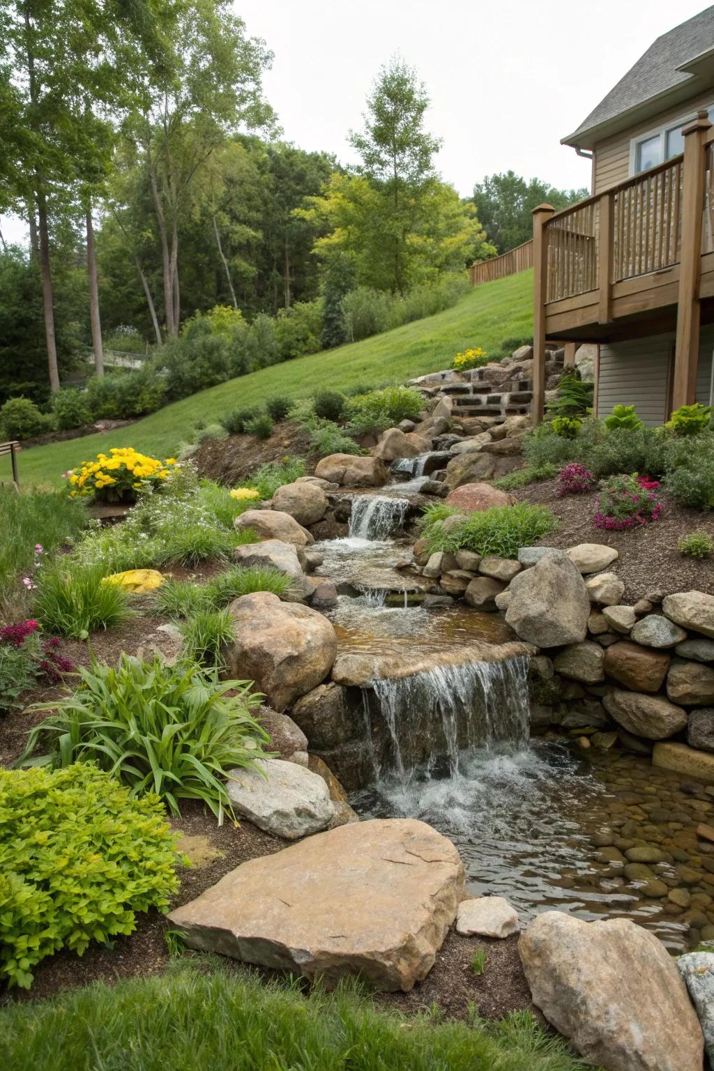 A cascading stream design capitalizing on natural slopes.