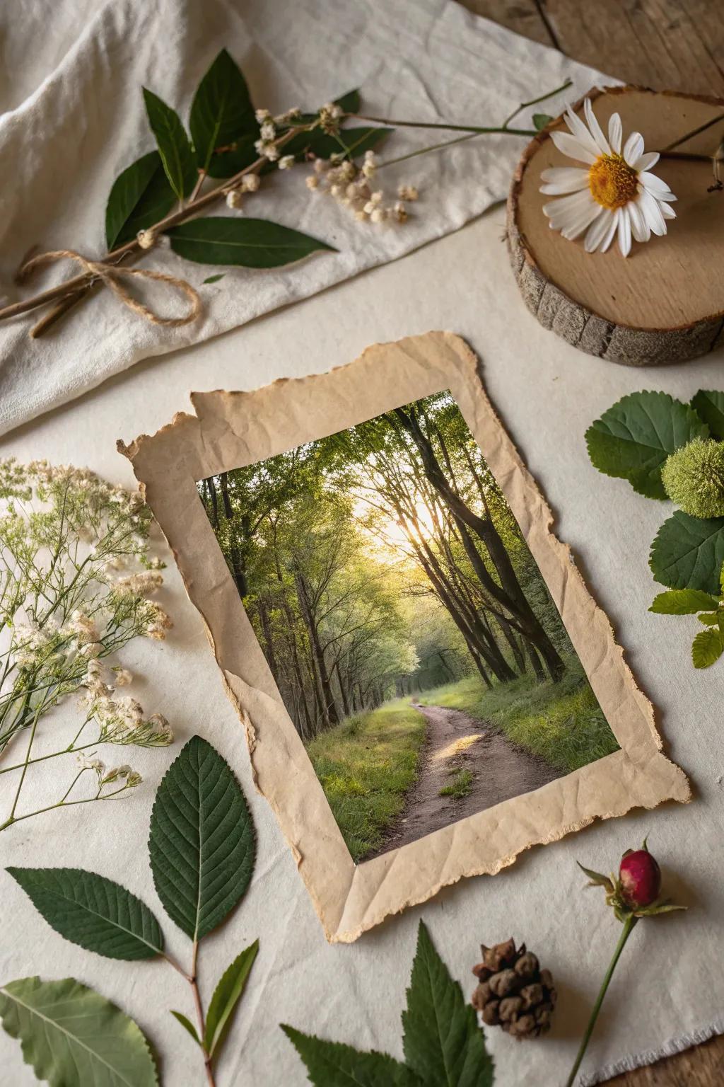 A textured vista arrangement employing fragmented paper and organic materials.