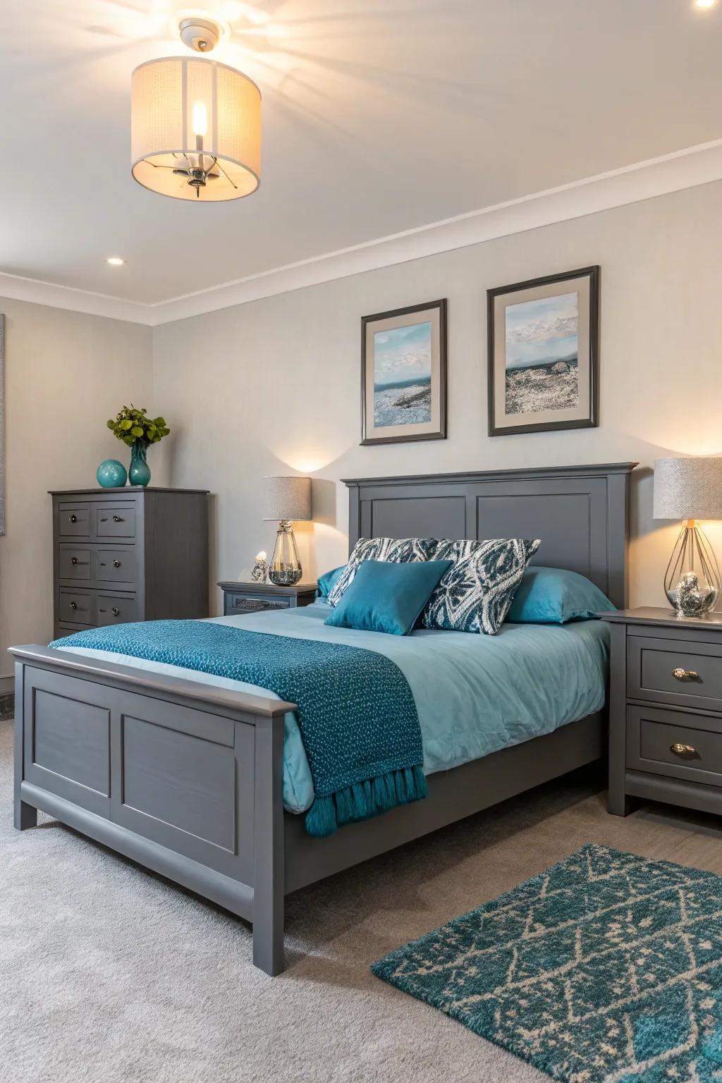 Charcoal grey and sky blue create a balanced and inviting atmosphere.