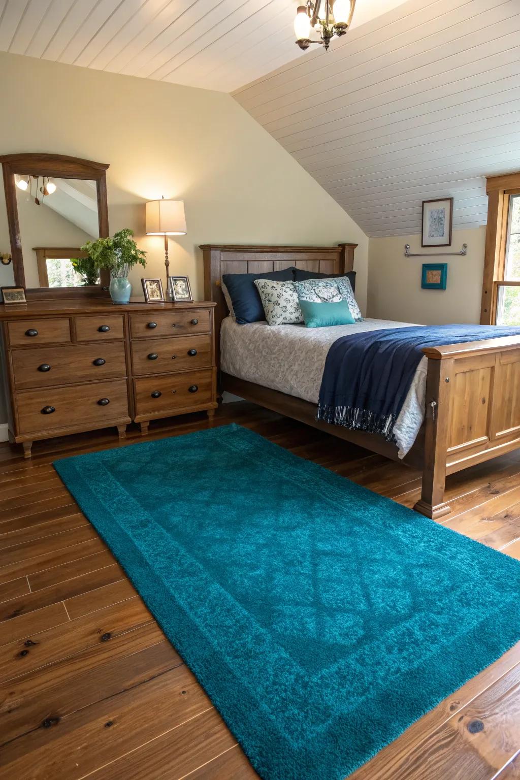 A teal rug brings color and warmth to your bedroom floor.