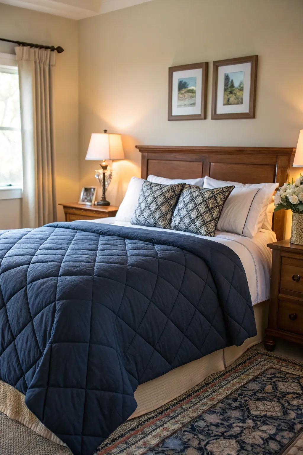 With a textured sewn dark blue comforter, you may add warmth.