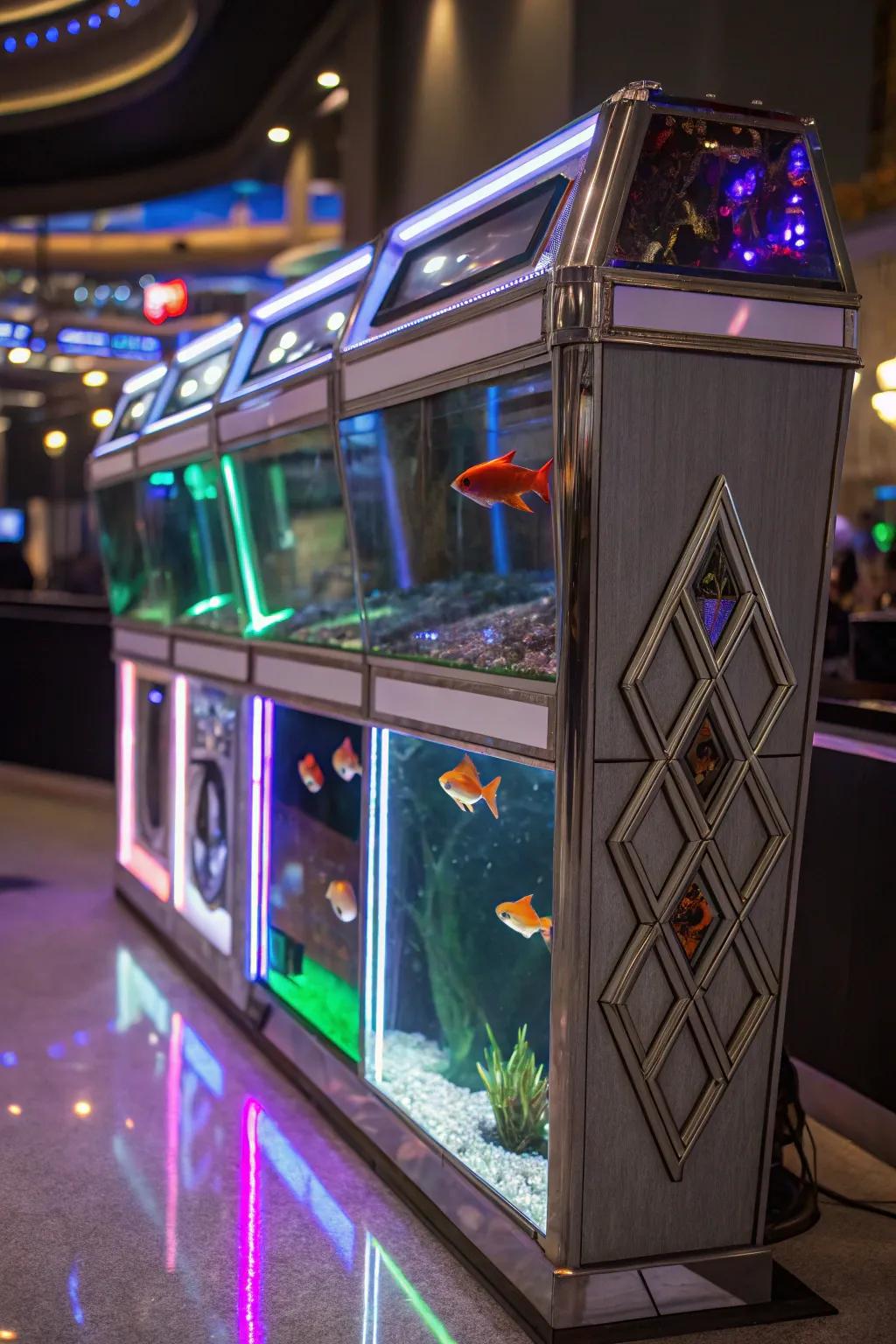 A futuristic motif engenders an otherworldly ambiance in this fluorescent fish sanctuary.