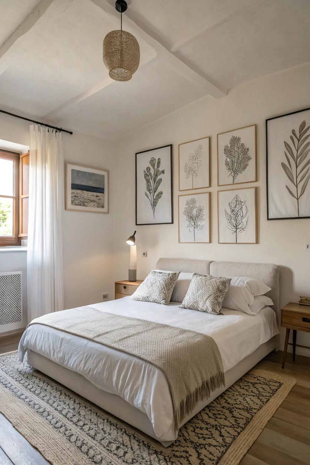 Minimalist art work includes class to a neutral bedroom.
