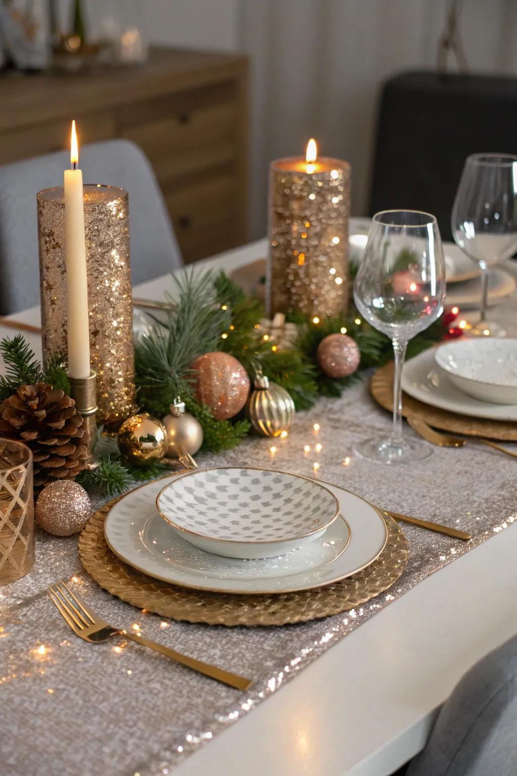 A radiant table accent lends a jubilant shimmer to the dining venture.