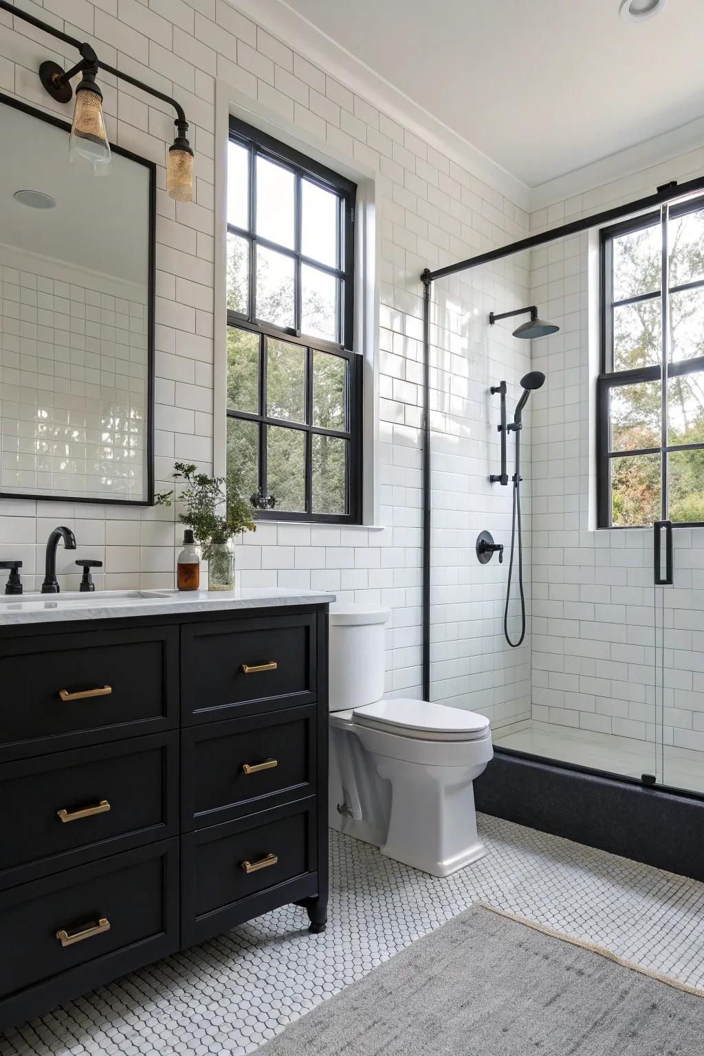 Contemporary hardware in matte black enhancing the bathroom's elegance.