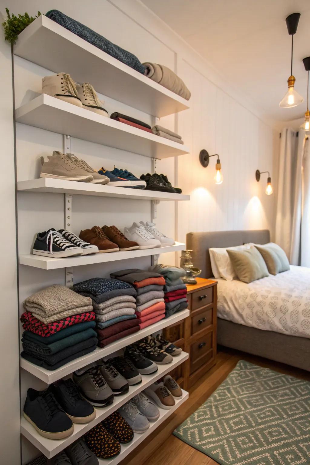 Suspended shelves conserve area while infusing aesthetic appeal.