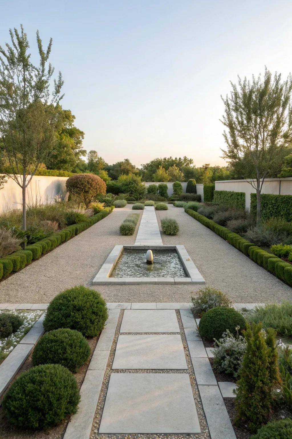 A tranquil, minimalist garden featuring low-maintenance elements.