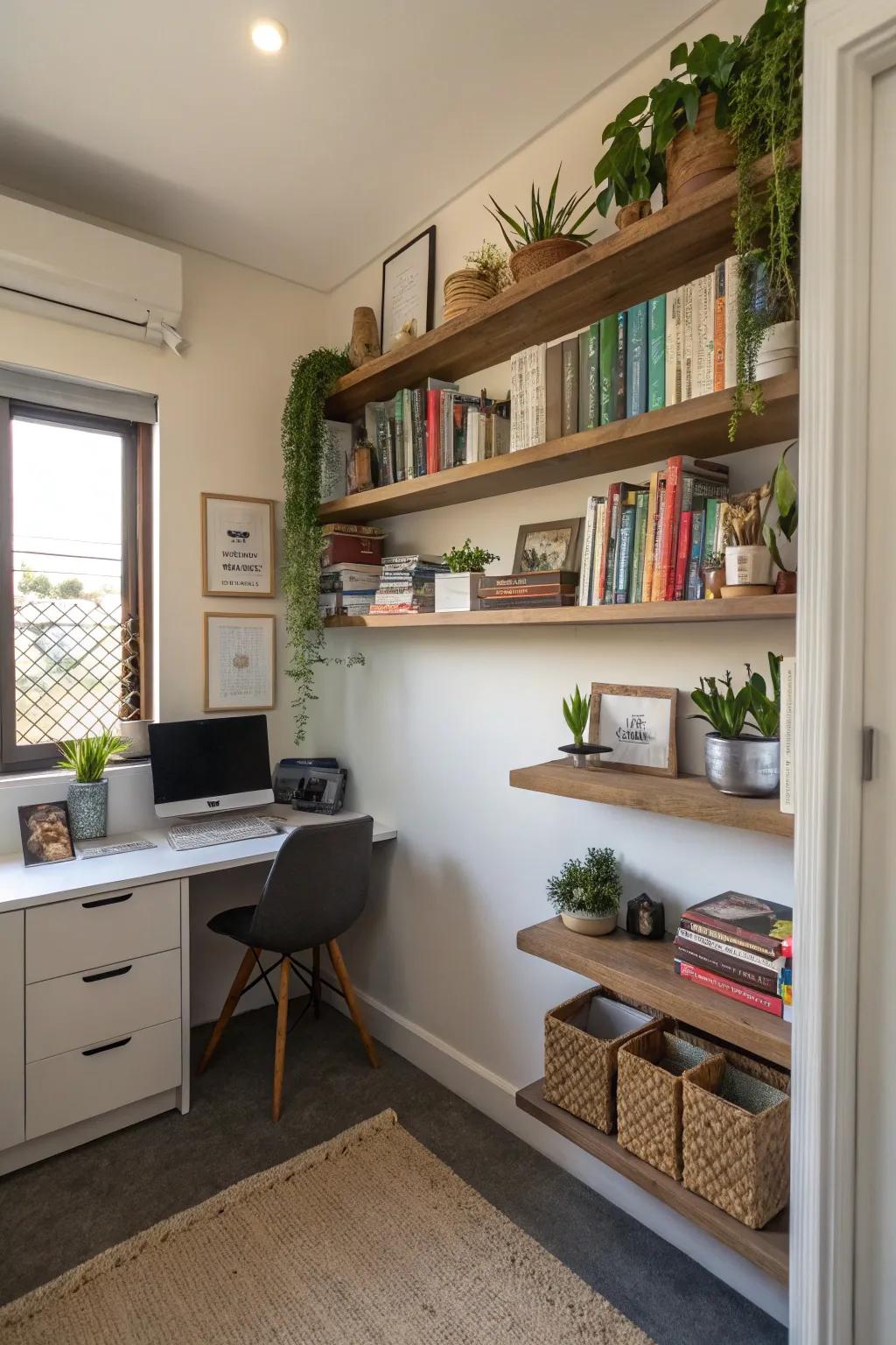 Incorporate elevated shelving for practical storage without encumbering the floor.