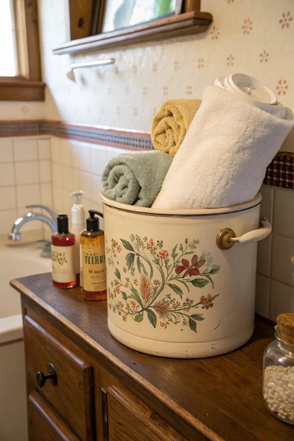 Introduce vintage elegance to your bathing space through earthenware storage solutions.