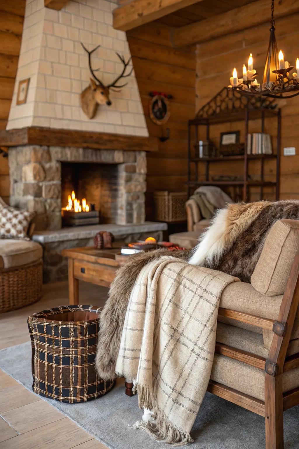 Lodge interior highlighting wool throws and fur accents for enhanced texture.