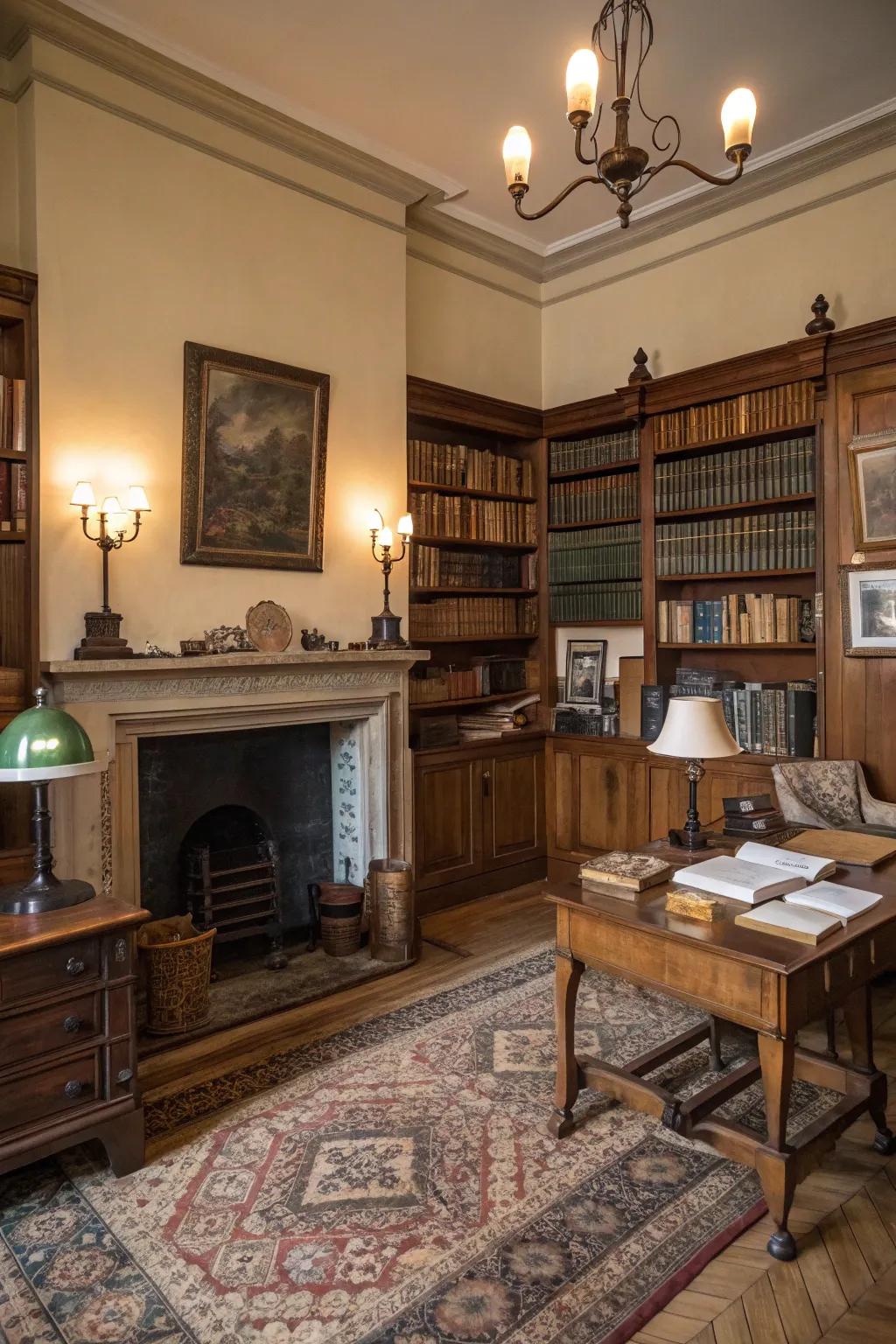 Settle in alongside a fireplace within your study