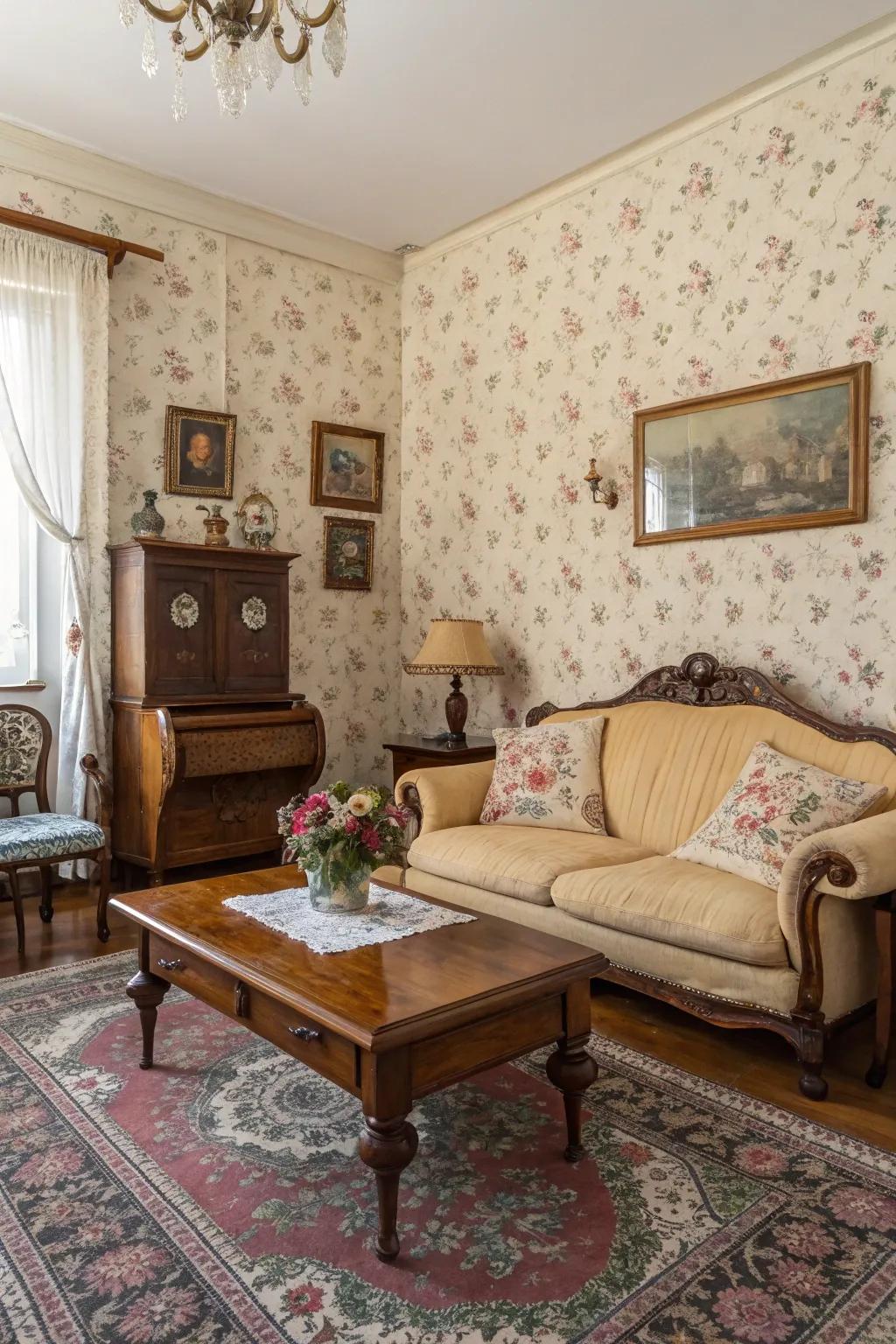 Patterned wallpaper changes with old-world appeal.