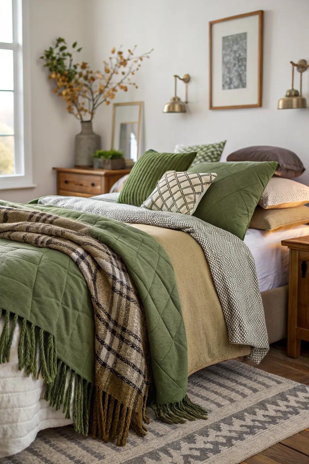 Layers of throws elevate the inviting nature of <strong><em>olive green bedding</em></strong>.” loading=”lazy” class=”pimg”>
	</picture><figcaption>Layers of throws elevate the inviting nature of <strong><em>olive green bedding</em></strong>.</figcaption></figure>
<p>Integrate numerous throws and blankets onto your olive green bedding for augmented comfort. This is among my cherished methods for fashioning an inviting refuge where one can unwind following a demanding day.</p>
<h3>Useful items to consider:</h3>
<ul class=