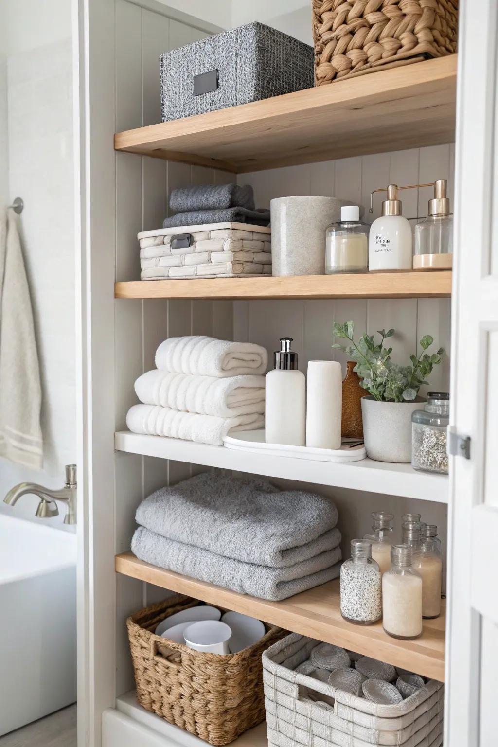 A soothing color scheme gives open bathroom shelving a sense of serenity.