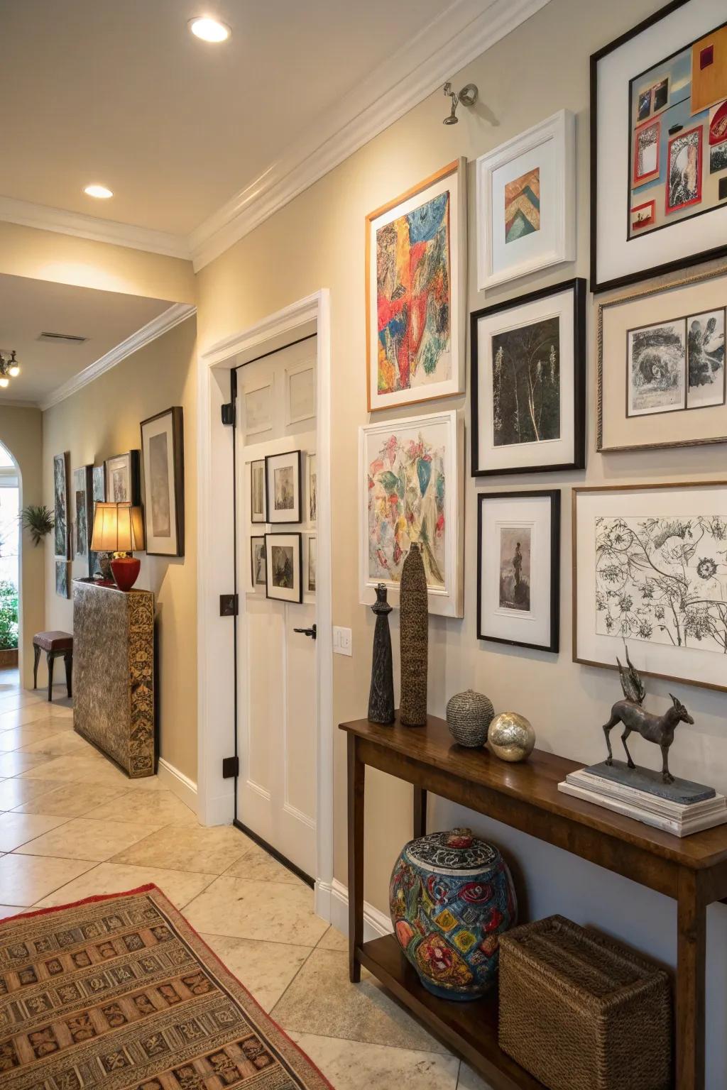Artwork throughout an entryway presents a glimpse into the home’s character.