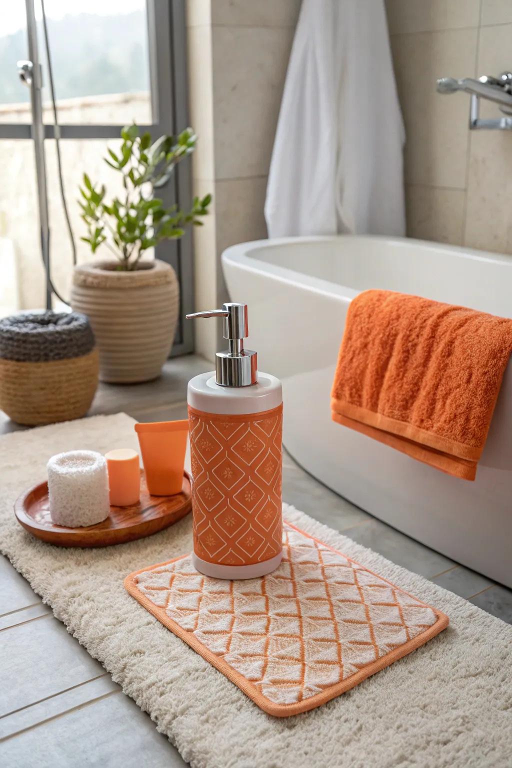 Discreet orange details such as a soap dispenser and bath mat.