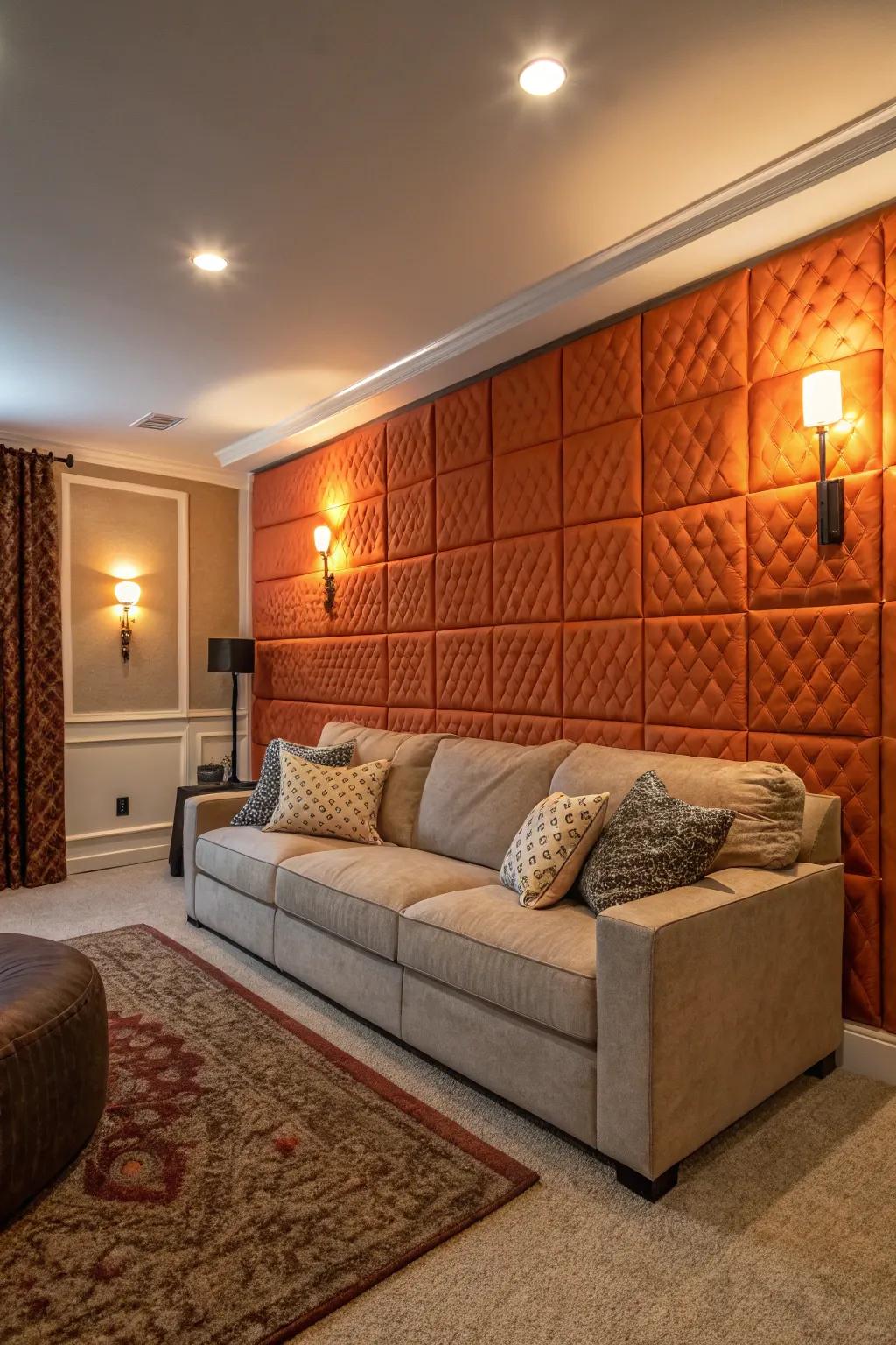 A family room showcasing textured tangerine panels that add depth and warmth.