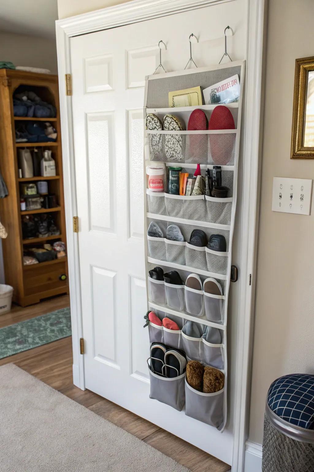 Maximize space using over-the-door organizers.
