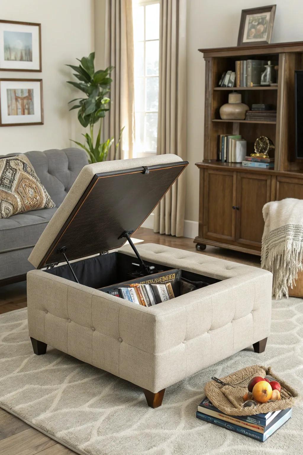 A refined ottoman featuring hidden storage to ensure a clutter-free living space.